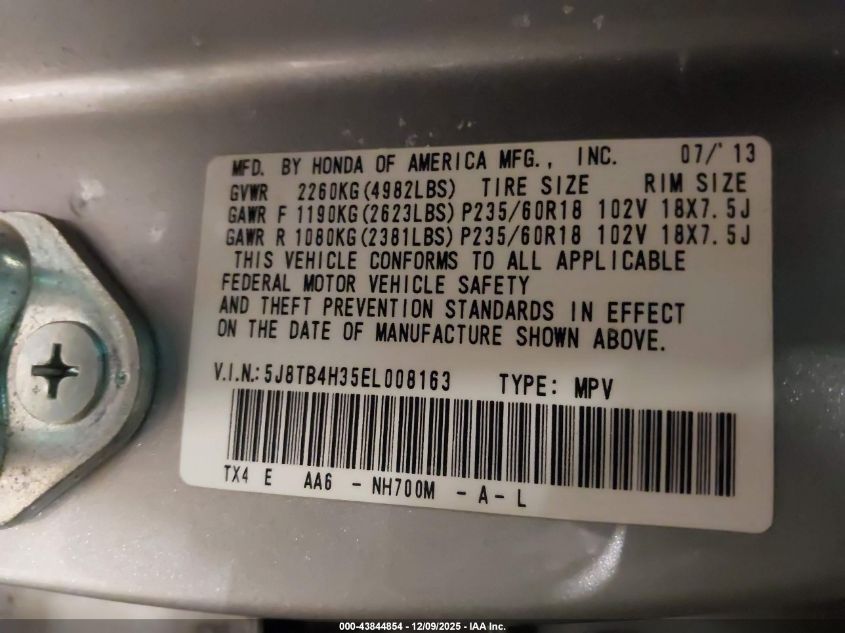 2014 Acura Rdx VIN: 5J8TB4H35EL008163 Lot: 43844854