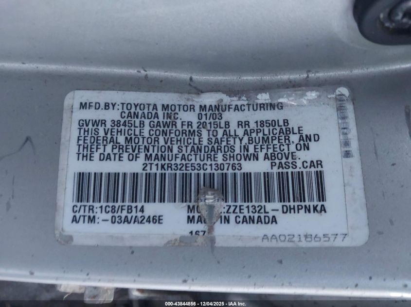 2003 Toyota Matrix Xr VIN: 2T1KR32E53C130763 Lot: 43844856