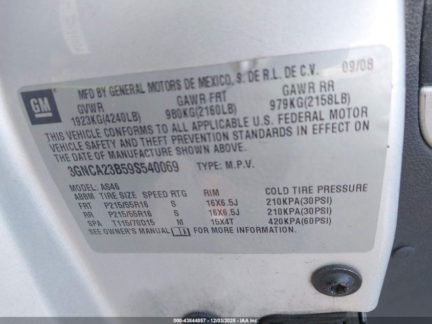 2009 Chevrolet Hhr Lt VIN: 3GNCA23B59S540069 Lot: 43844857