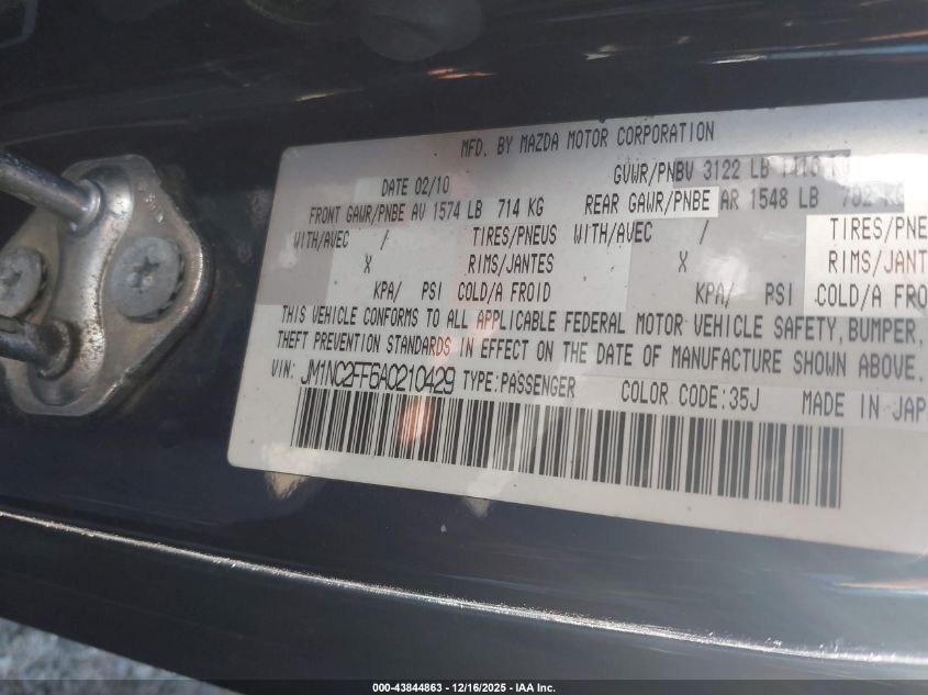 2010 Mazda Mx-5 Miata Touring VIN: JM1NC2FF6A0210429 Lot: 43844863