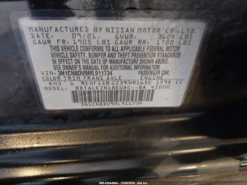 2021 Nissan Versa S Xtronic Cvt VIN: 3N1CN8DV9ML911734 Lot: 43844864