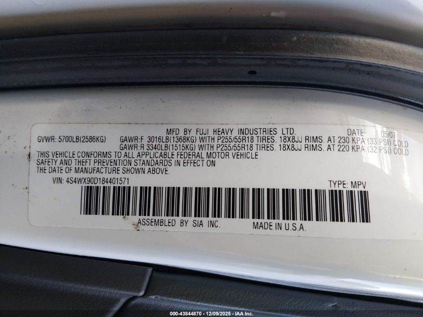 2008 Subaru Tribeca Limited 7-Passenger VIN: 4S4WX90D184401571 Lot: 43844870