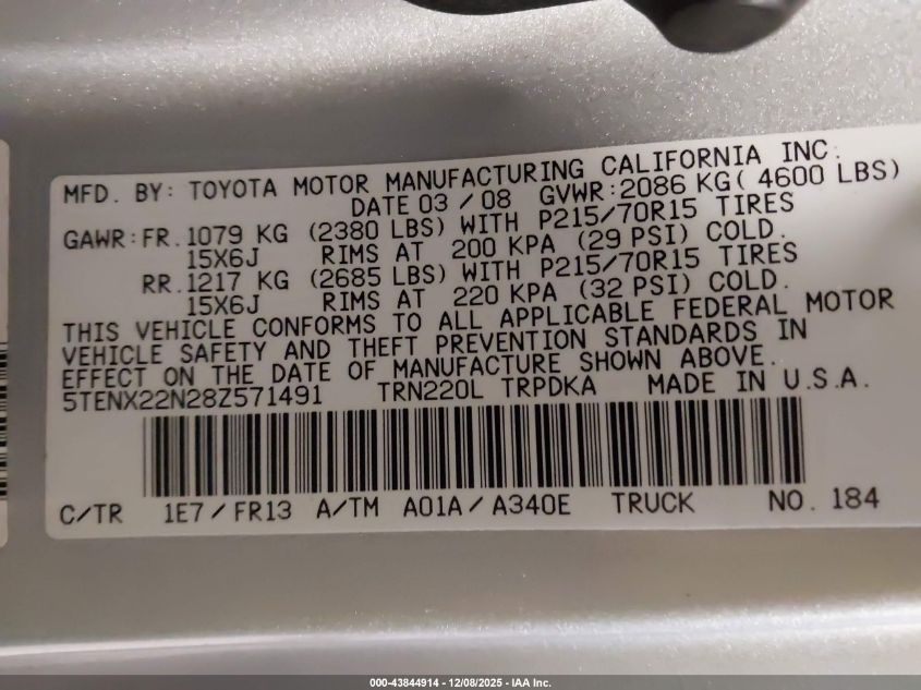 2008 Toyota Tacoma VIN: 5TENX22N28Z571491 Lot: 43844914