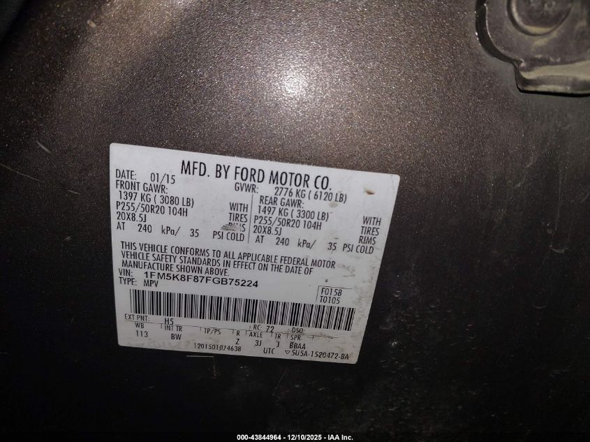 2015 Ford Explorer Limited VIN: 1FM5K8F87FGB75224 Lot: 43844964