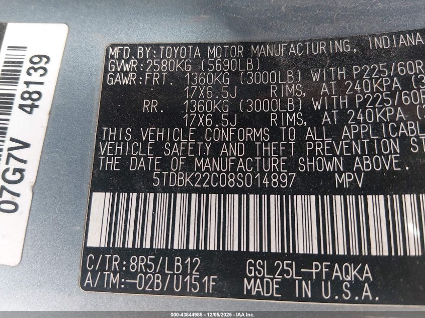 2008 Toyota Sienna Limited VIN: 5TDBK22C08S014897 Lot: 43844985