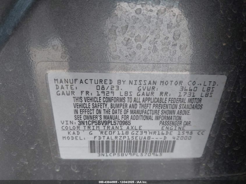 2023 Nissan Kicks S Xtronic Cvt VIN: 3N1CP5BV9PL570965 Lot: 43844989