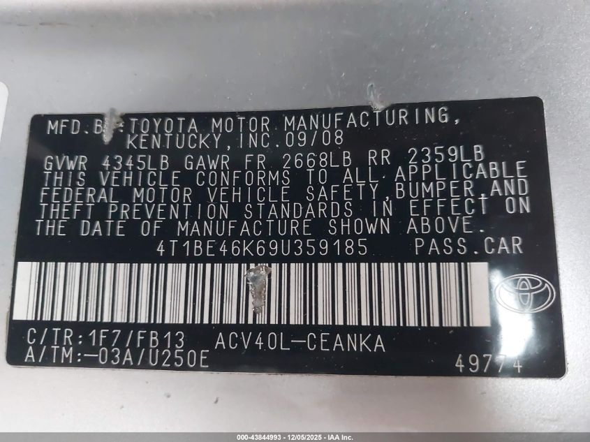 2009 Toyota Camry Le VIN: 4T1BE46K69U359185 Lot: 43844993