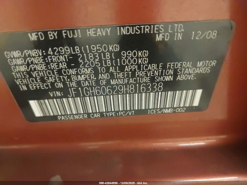 2009 Subaru Impreza 2.5I VIN: JF1GH60629H816338 Lot: 43844998