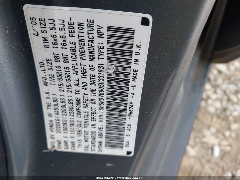 2005 Honda Cr-V Se VIN: SHSRD78905U331931 Lot: 43844999