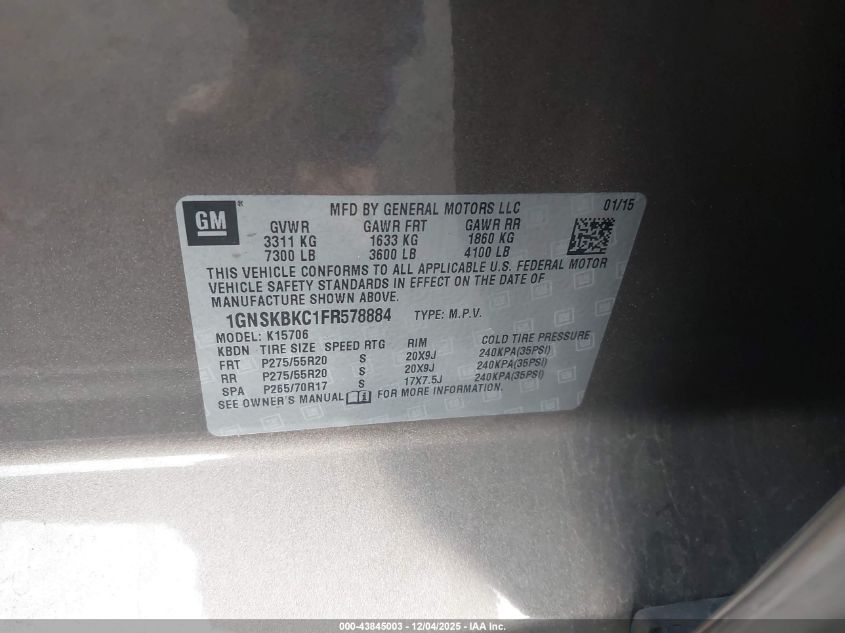 2015 Chevrolet Tahoe Lt VIN: 1GNSKBKC1FR578884 Lot: 43845003