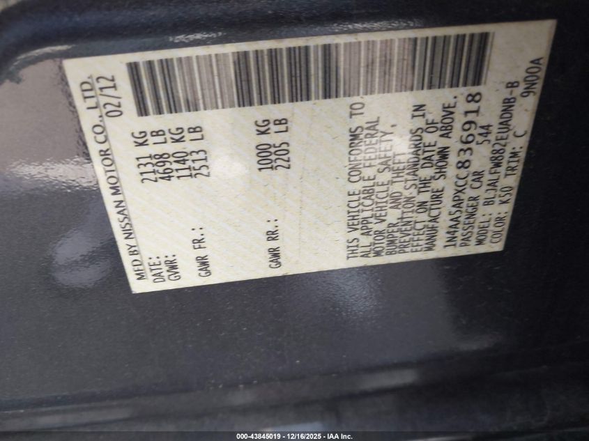 2012 Nissan Maxima 3.5 Sv VIN: 1N4AA5APXCC836918 Lot: 43845019