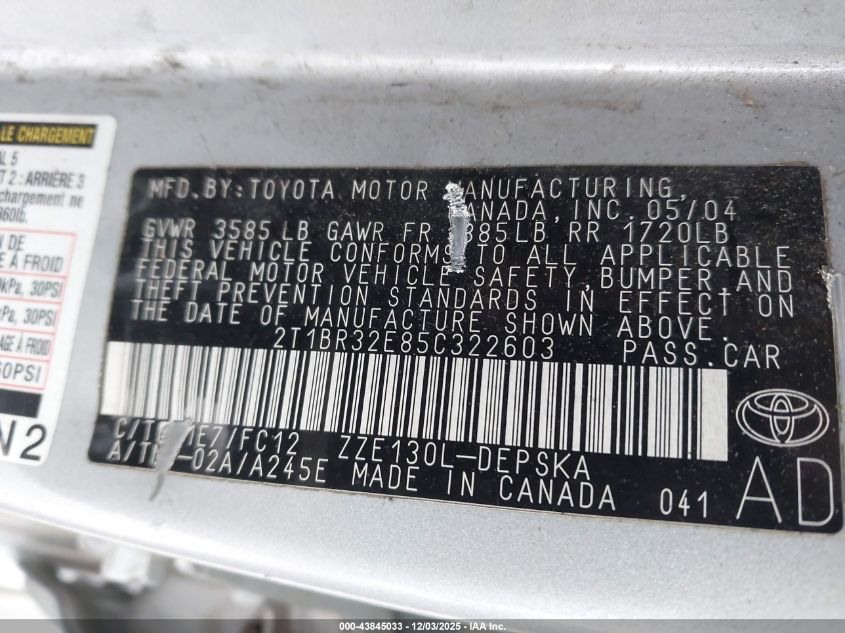 2005 Toyota Corolla S VIN: 2T1BR32E85C322603 Lot: 43845033