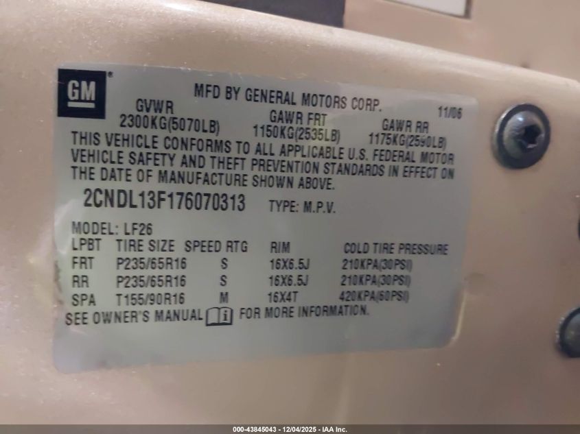 2007 Chevrolet Equinox Ls VIN: 2CNDL13F176070313 Lot: 43845043