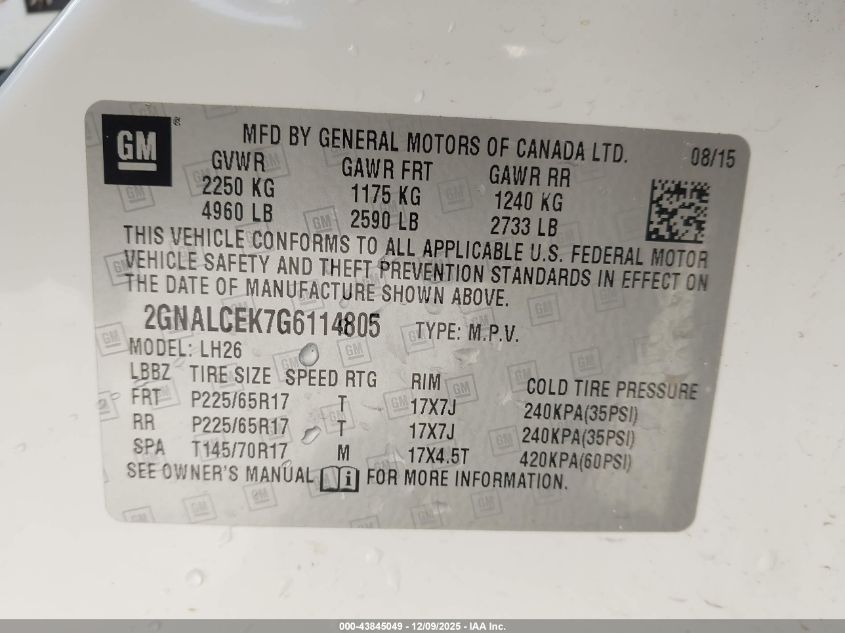 2016 Chevrolet Equinox Lt VIN: 2GNALCEK7G6114805 Lot: 43845049