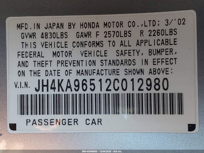 2002 Acura Rl 3.5 VIN: JH4KA96512C012980 Lot: 43845055