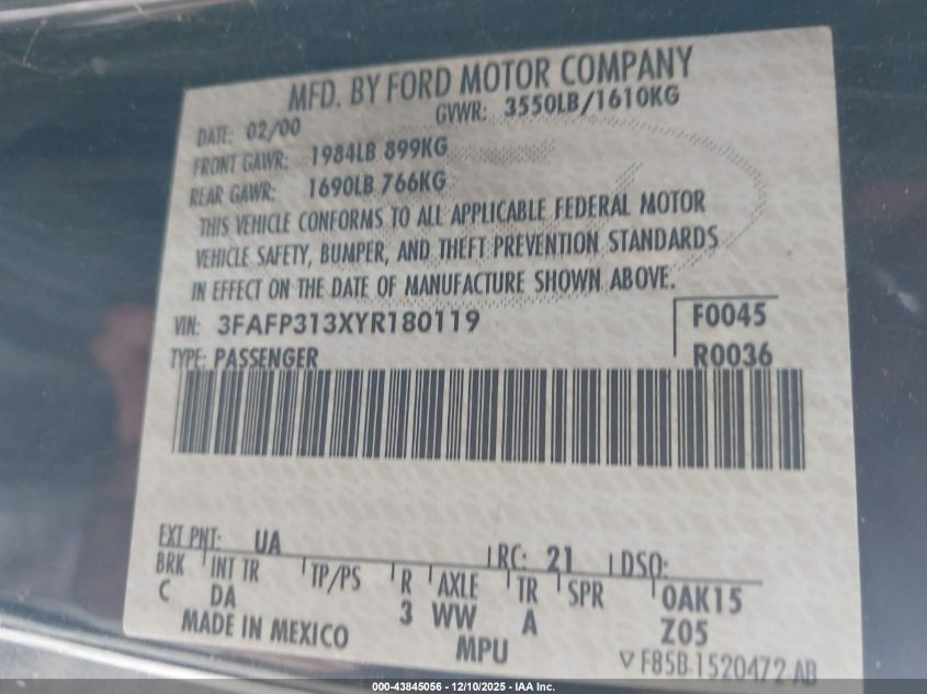 2000 Ford Focus Zx3 VIN: 3FAFP313XYR180119 Lot: 43845056