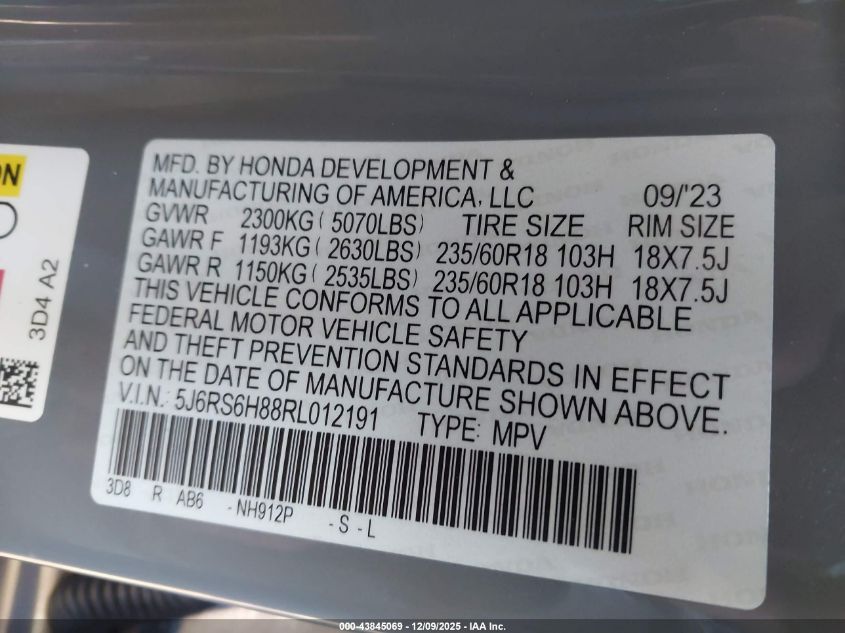 2024 Honda Cr-V Hybrid Sport-L VIN: 5J6RS6H88RL012191 Lot: 43845069