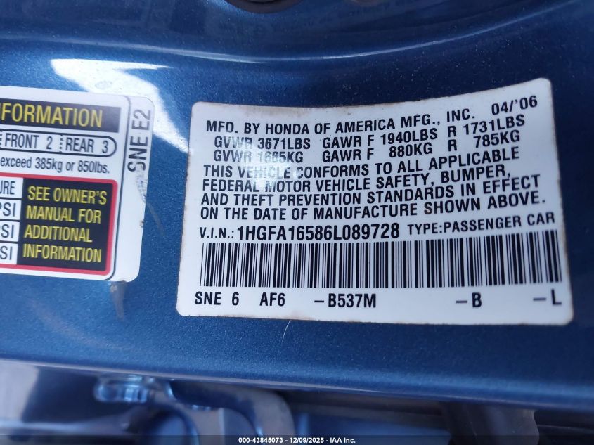 2006 Honda Civic Lx VIN: 1HGFA16586L089728 Lot: 43845073