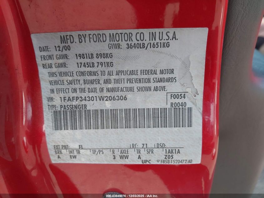 2001 Ford Focus Se VIN: 1FAFP34301W206306 Lot: 43845076