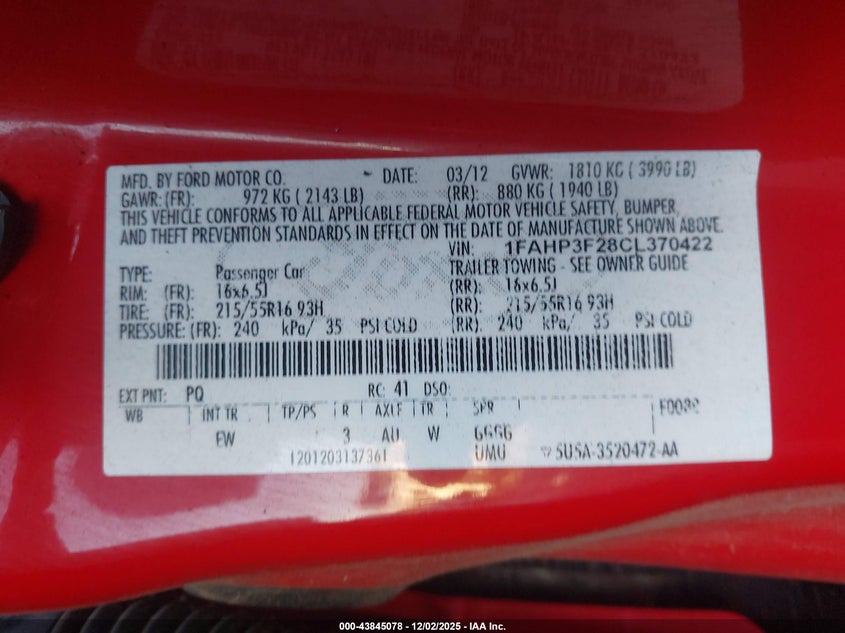 1FAHP3F28CL370422 2012 FORD FOCUS photo no. 9