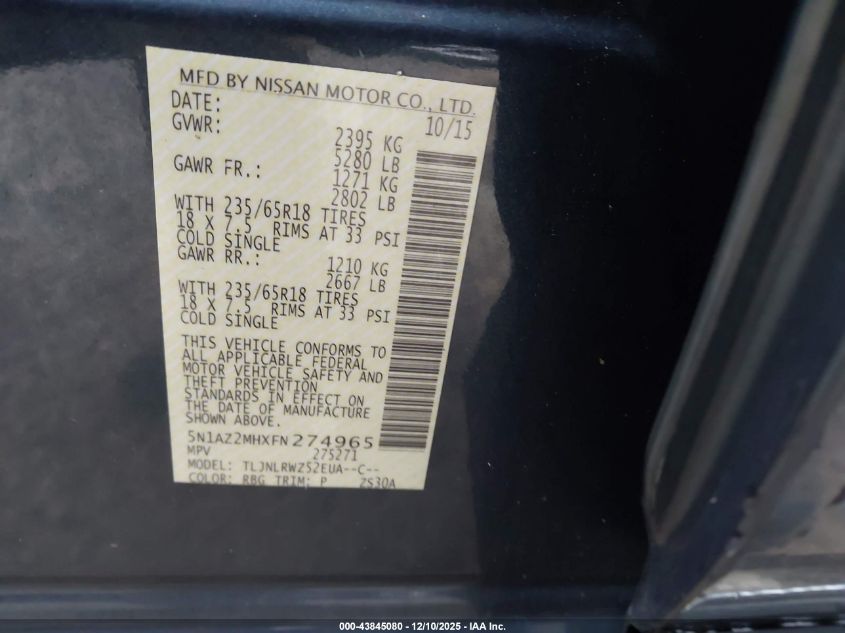 2015 Nissan Murano Sl VIN: 5N1AZ2MHXFN274965 Lot: 43845080