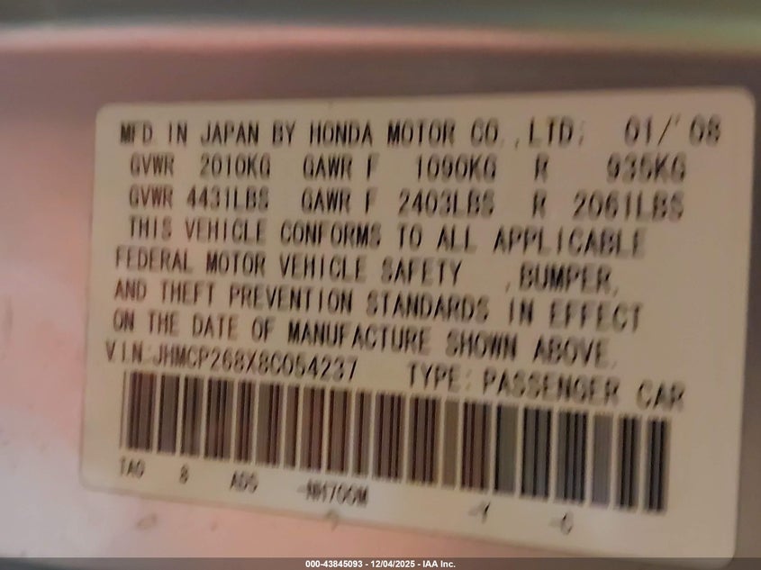 JHMCP268X8C054237 2008 HONDA ACCORD photo no. 9