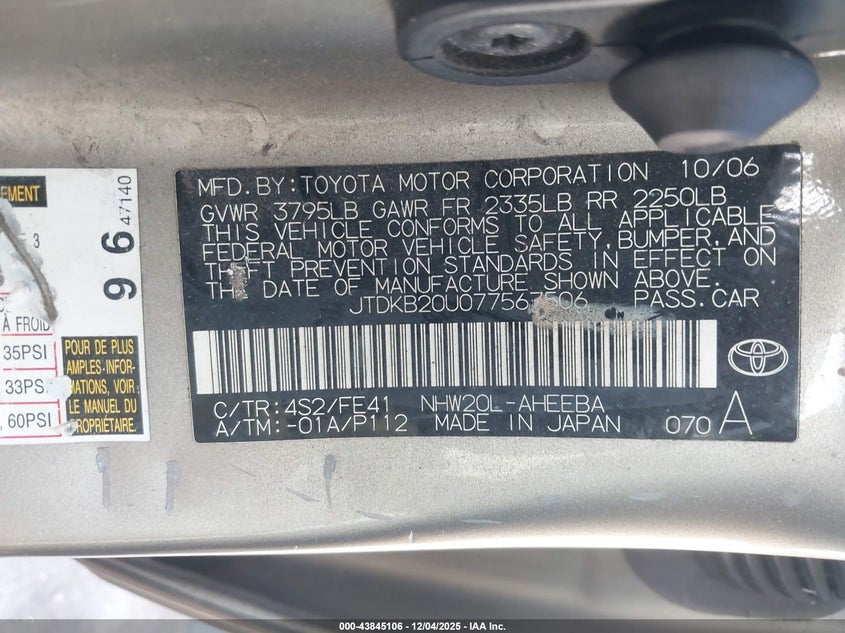 JTDKB20U077567506 2007 TOYOTA PRIUS photo no. 9