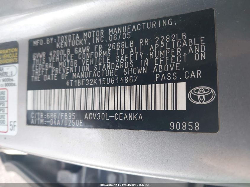 2005 Toyota Camry Le VIN: 4T1BE32K15U614867 Lot: 43845111