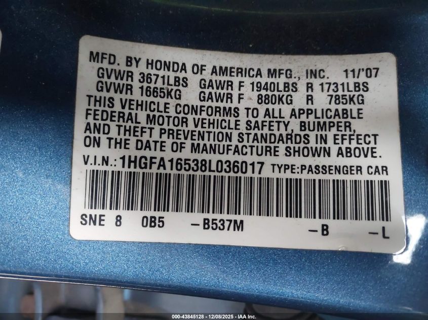 2008 Honda Civic Lx VIN: 1HGFA16538L036017 Lot: 43845128