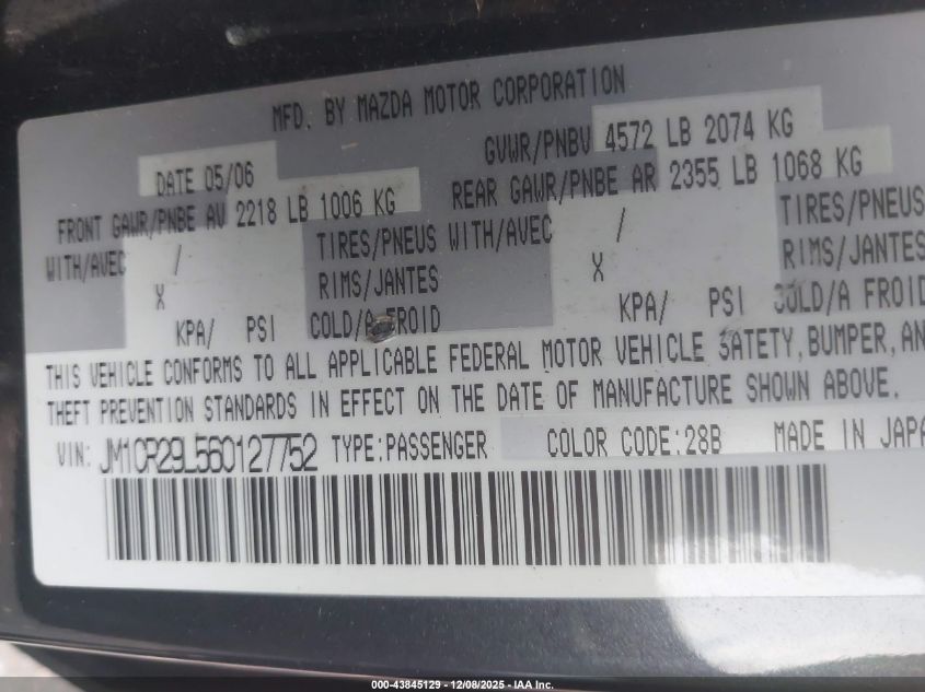 2006 Mazda Mazda5 Sport VIN: JM1CR29L560127752 Lot: 43845129