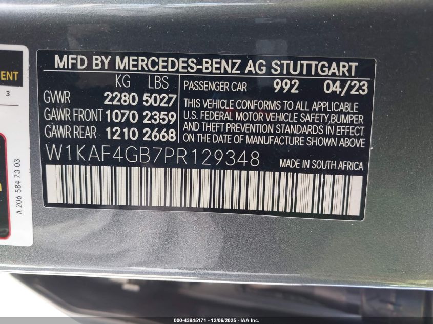 2023 Mercedes-Benz C 300 Sedan VIN: W1KAF4GB7PR129348 Lot: 43845171