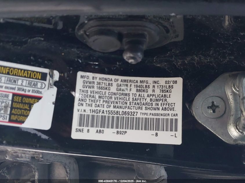 2008 Honda Civic Lx VIN: 1HGFA15558L069327 Lot: 43845176