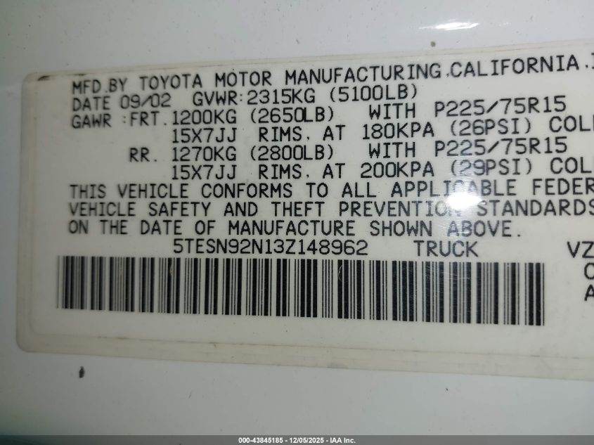 2003 Toyota Tacoma Prerunner V6 VIN: 5TESN92N13Z148962 Lot: 43845185