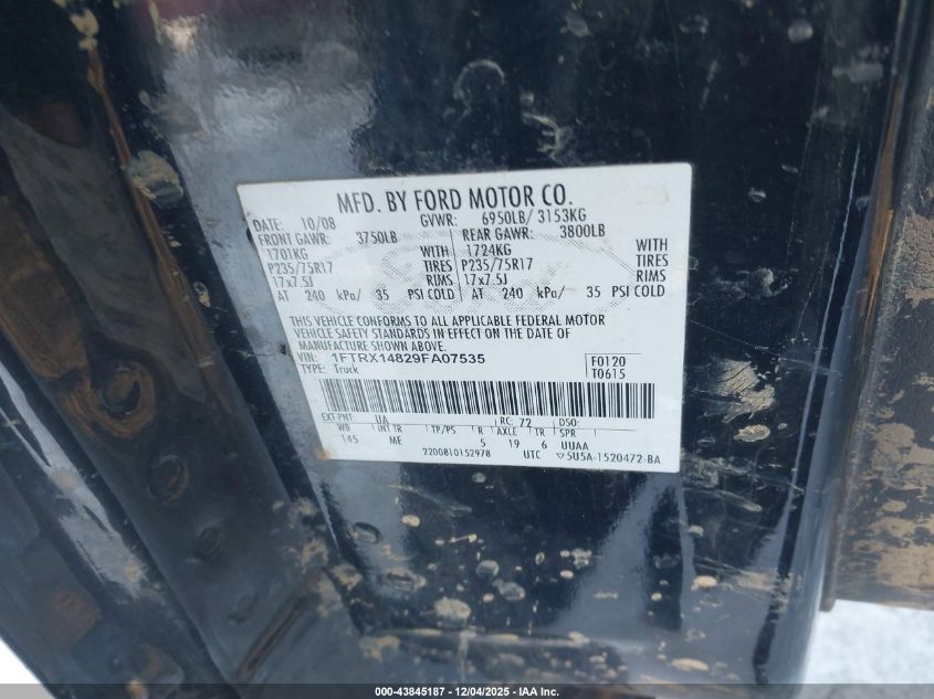 2009 Ford F-150 Stx/Xl/Xlt VIN: 1FTRX14829FA07535 Lot: 43845187