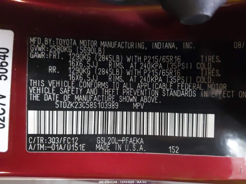 2008 Toyota Sienna Le VIN: 5TDZK23C58S103989 Lot: 43845206