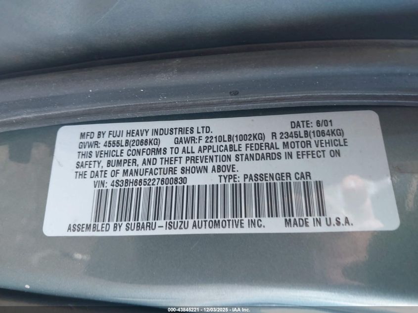 2002 Subaru Outback VIN: 4S3BH665227600830 Lot: 43845221