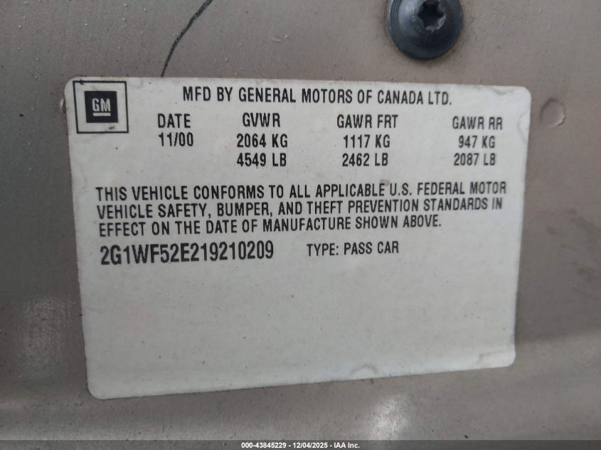 2001 Chevrolet Impala VIN: 2G1WF52E219210209 Lot: 43845229