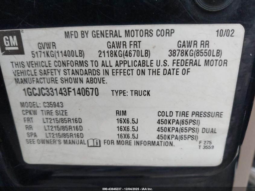 2003 Chevrolet Silverado 3500 Ls VIN: 1GCJC33143F140670 Lot: 43845237