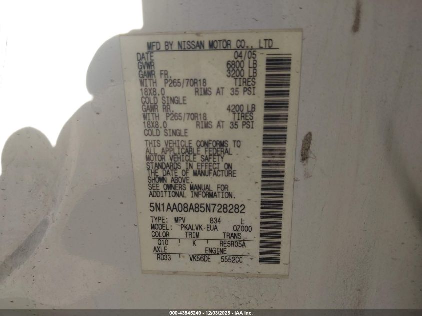 2005 Nissan Armada Le VIN: 5N1AA08A85N728282 Lot: 43845240