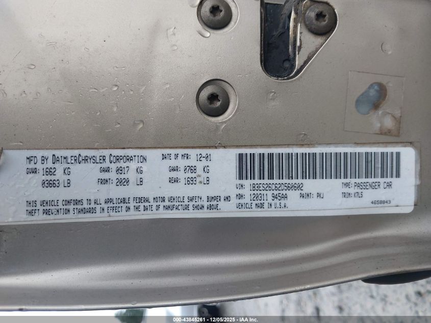 2002 Dodge Neon VIN: 1B3ES26C62D560602 Lot: 43845261