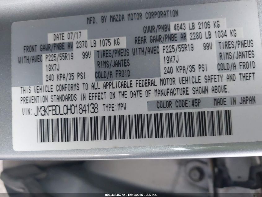2017 Mazda Cx-5 Grand Touring VIN: JM3KFBDL0H0184138 Lot: 43845272