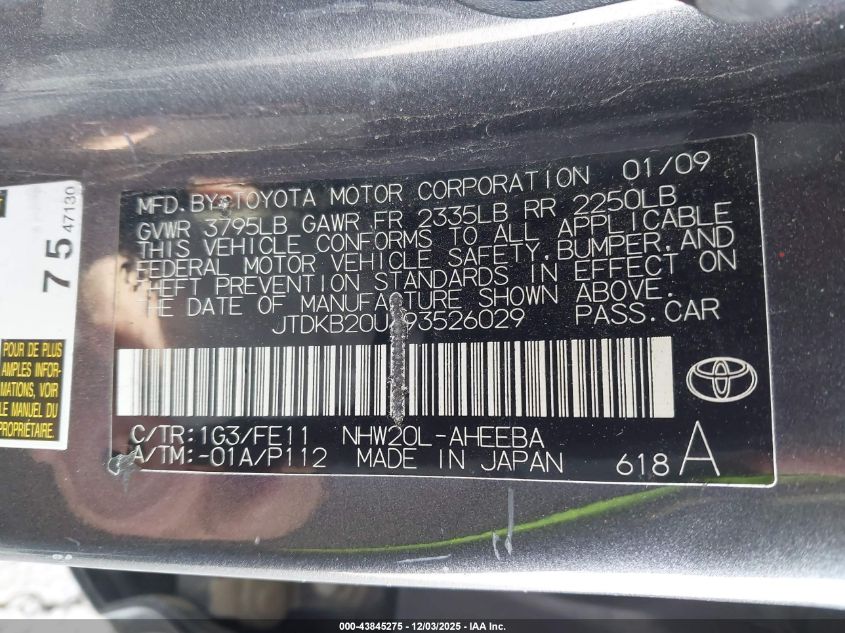 2009 Toyota Prius VIN: JTDKB20U493526029 Lot: 43845275