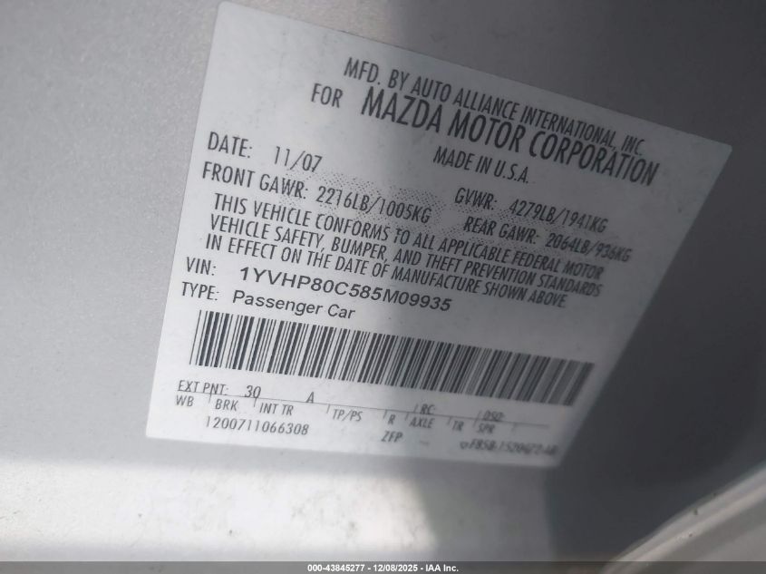 2008 Mazda Mazda6 I Sport Ve VIN: 1YVHP80C585M09935 Lot: 43845277