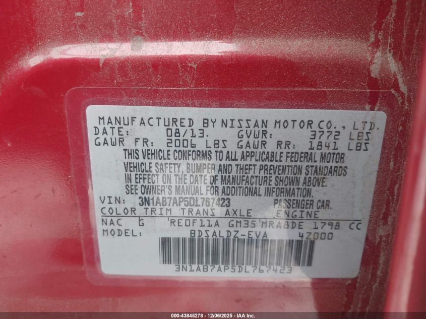 2013 Nissan Sentra Sv VIN: 3N1AB7AP5DL767423 Lot: 43845278