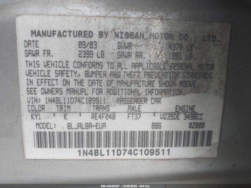 2004 Nissan Altima 3.5 Se VIN: 1N4BL11D74C109511 Lot: 43845307