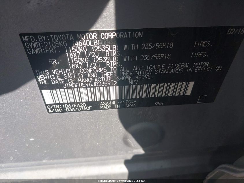 2018 Toyota Rav4 Limited VIN: JTMDFREV6JD235912 Lot: 43845308