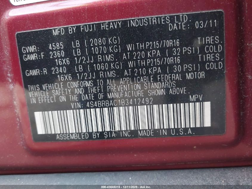 2011 Subaru Outback 2.5I VIN: 4S4BRBAC1B3412492 Lot: 43845315