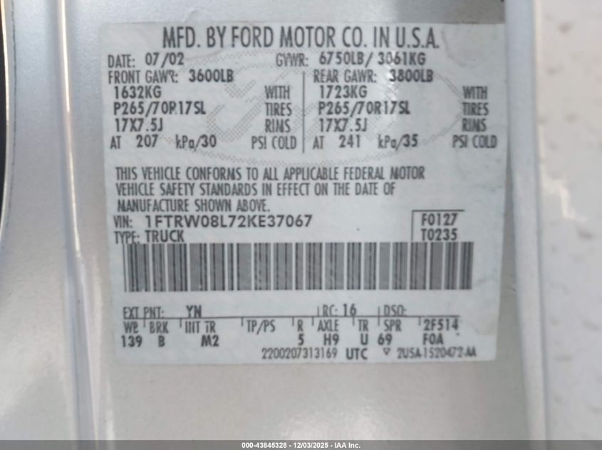 2002 Ford F-150 Lariat/Xlt VIN: 1FTRW08L72KE37067 Lot: 43845328