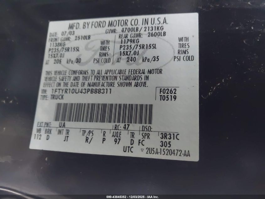 2003 Ford Ranger Edge/Xl/Xlt VIN: 1FTYR10U43PB88311 Lot: 43845352