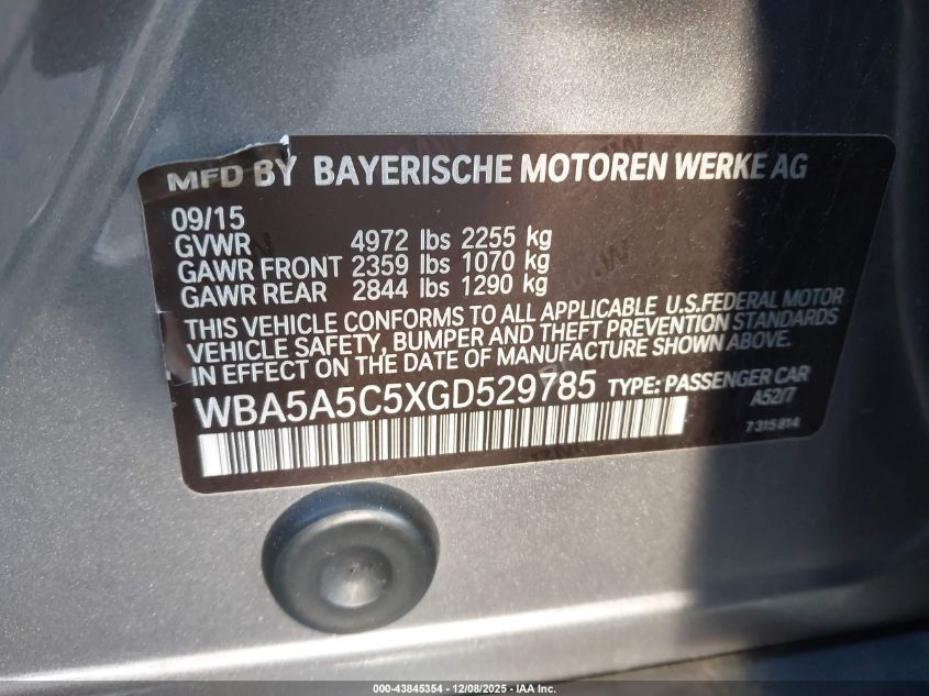 2016 BMW 528I VIN: WBA5A5C5XGD529785 Lot: 43845354